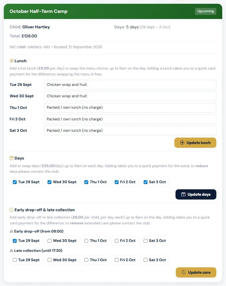 An upcoming booking with its change sections.