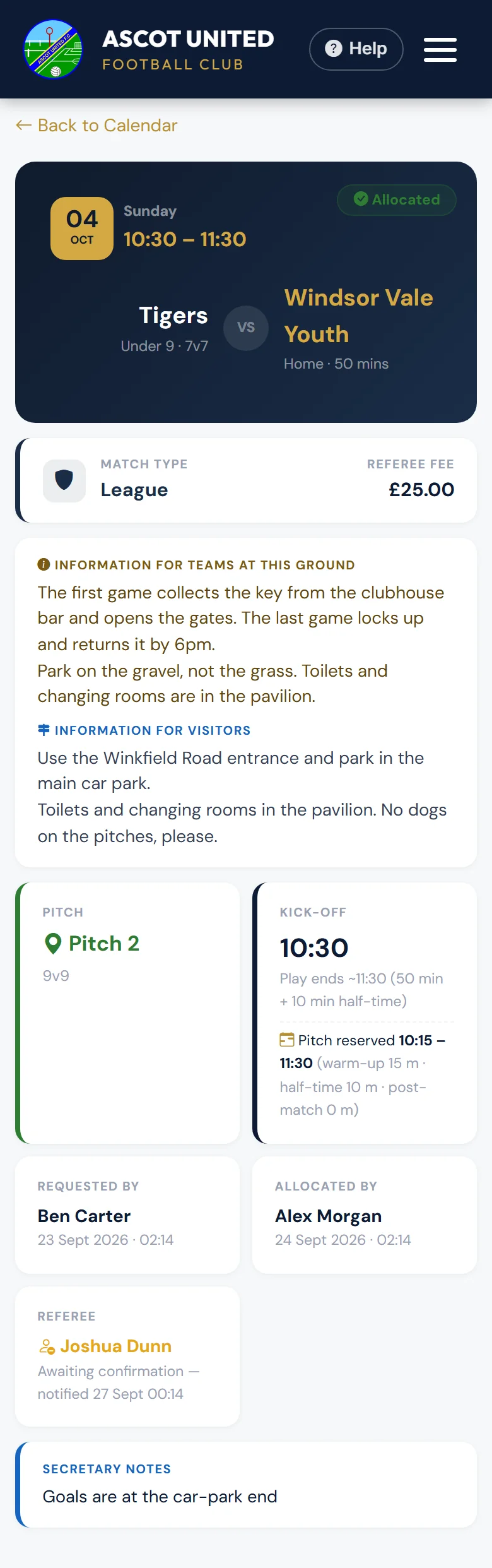 A fixture page, with Edit Fixture, Check Availability and Cancel Fixture for the team's manager.