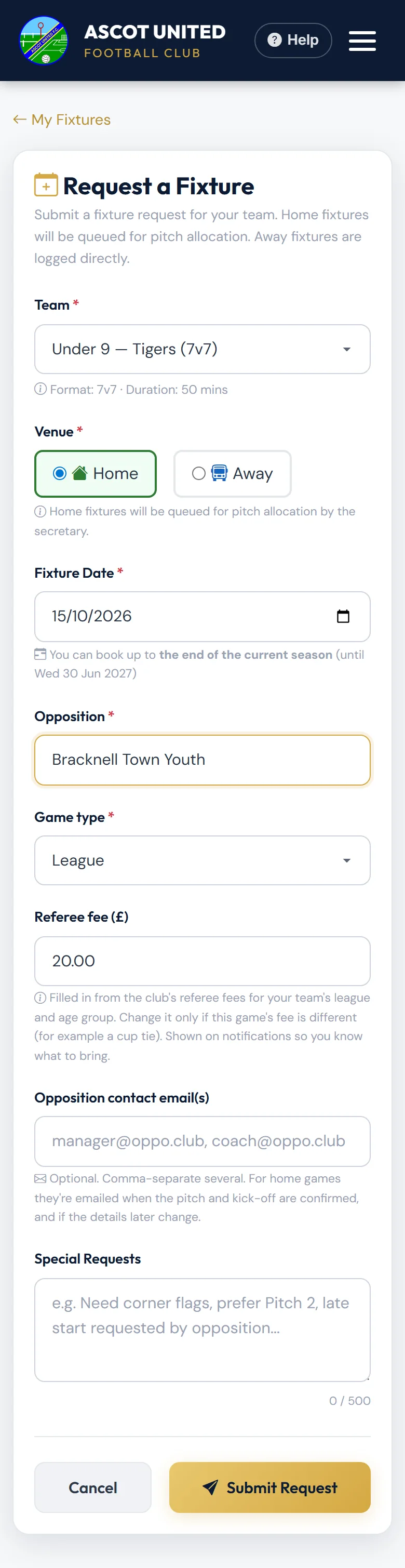 A home fixture request.