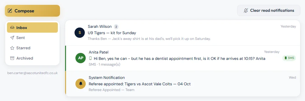 A reply from a parent, a text reply and a system notification.