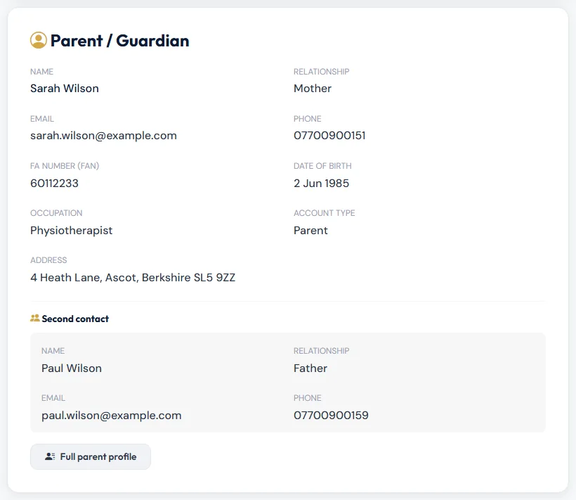 Parent and second contact details.