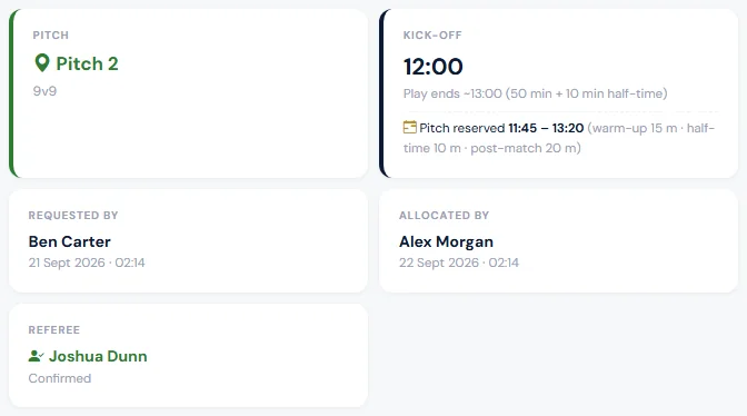 Kick-off, pitch times and a confirmed referee.