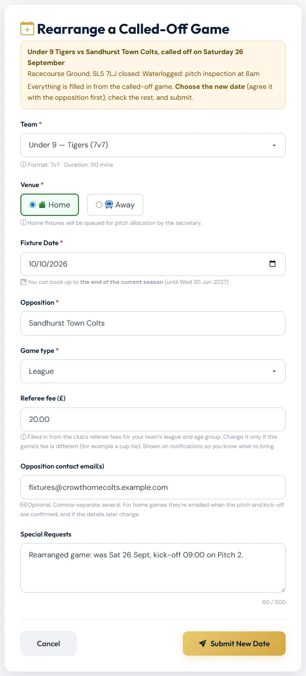 The request for a rearranged game: only the date is left to fill in.