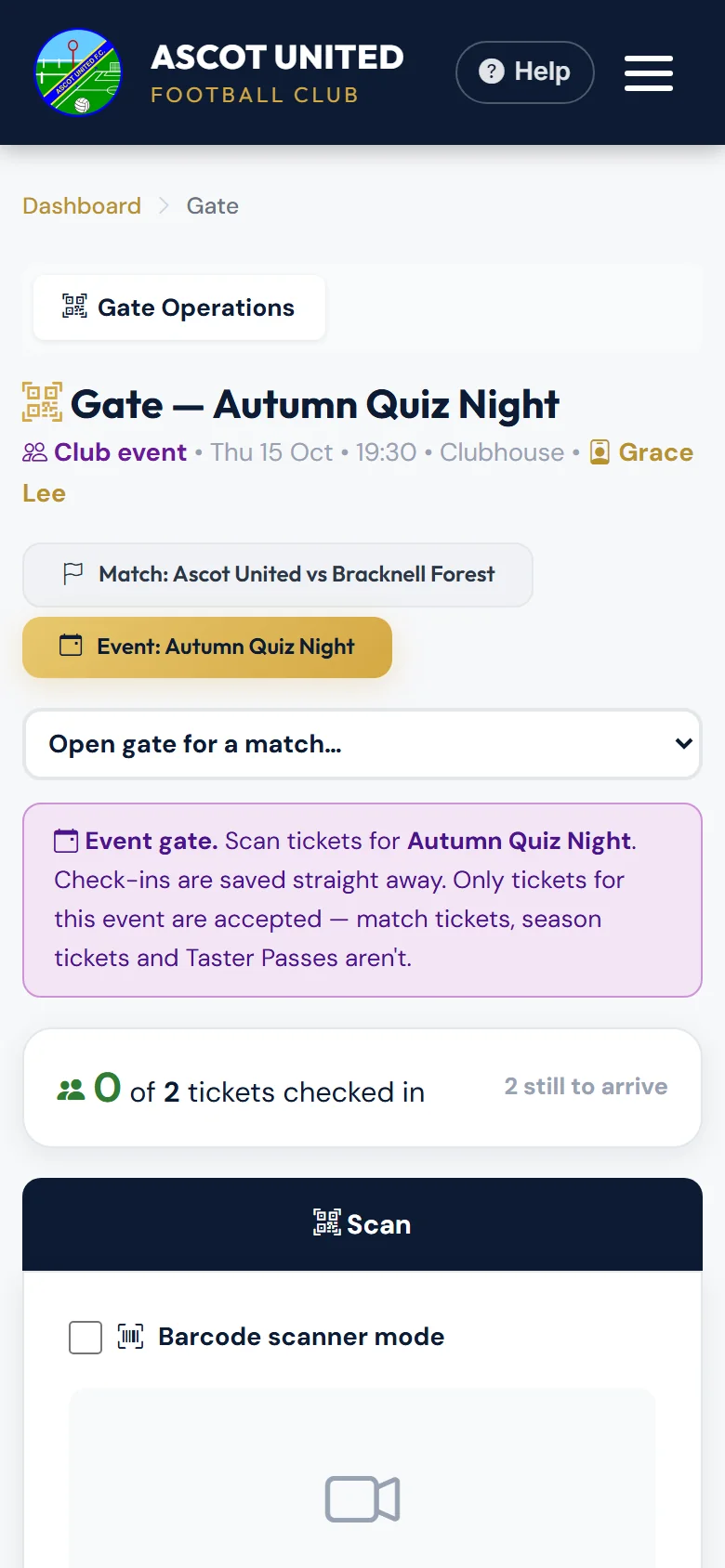 The event gate for a club event.