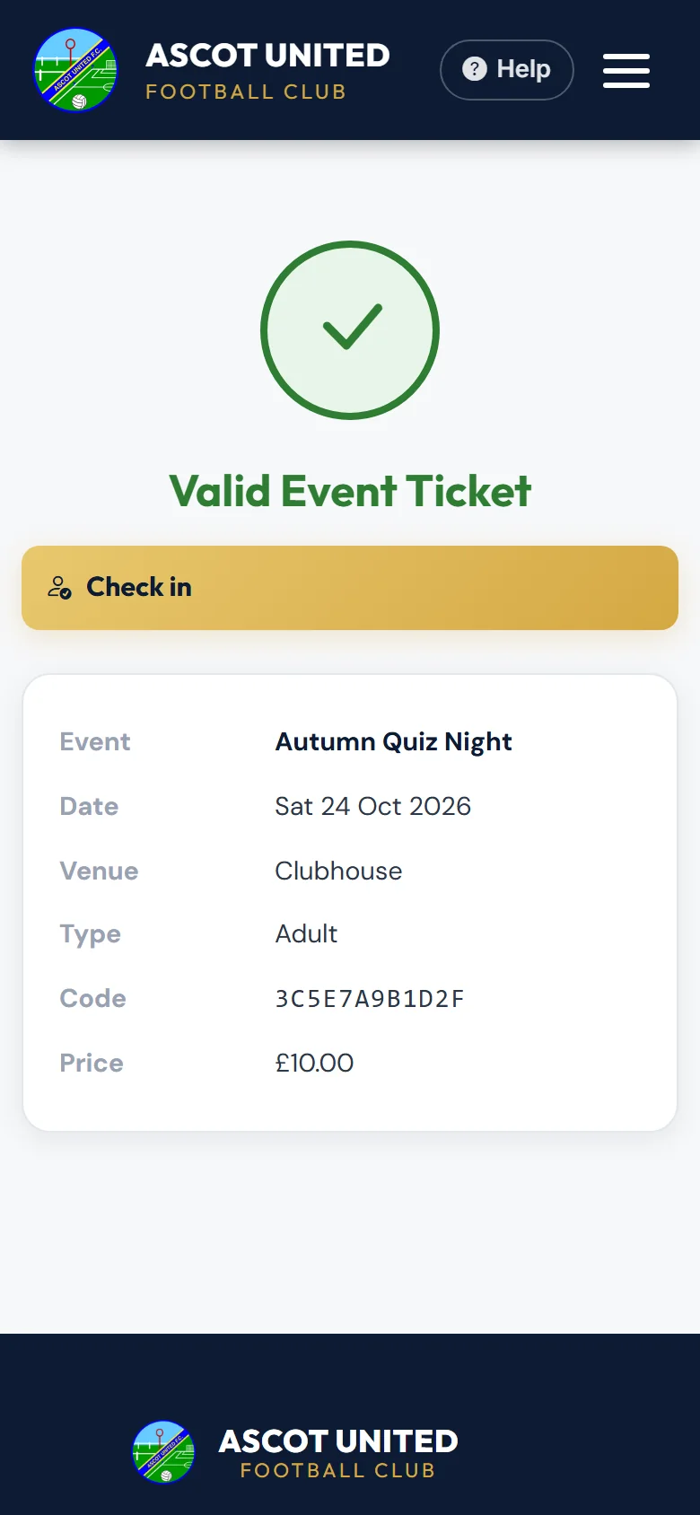 An event ticket's own page, with Check in.