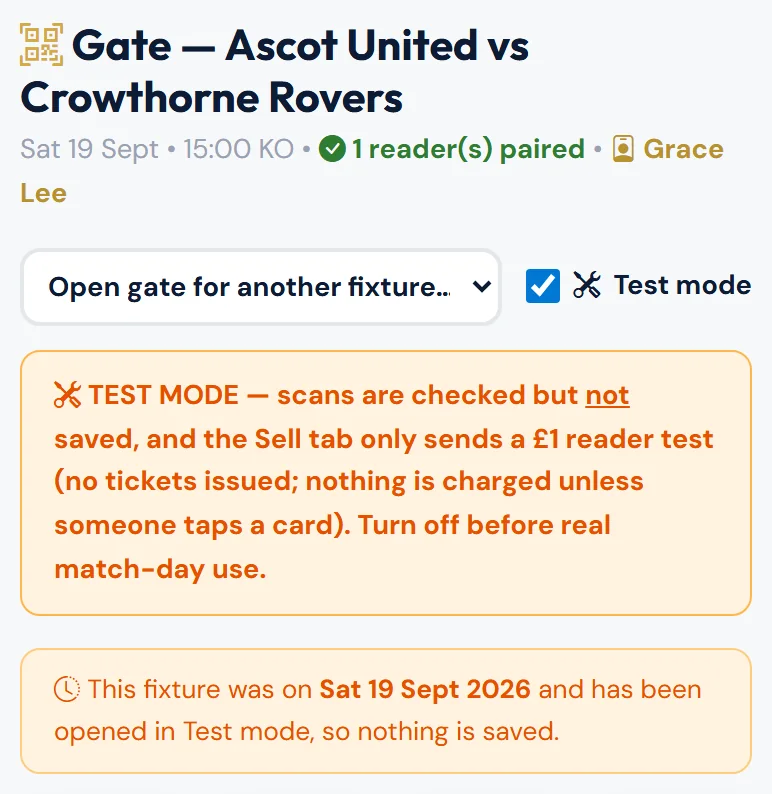 A past match opens in Test mode.