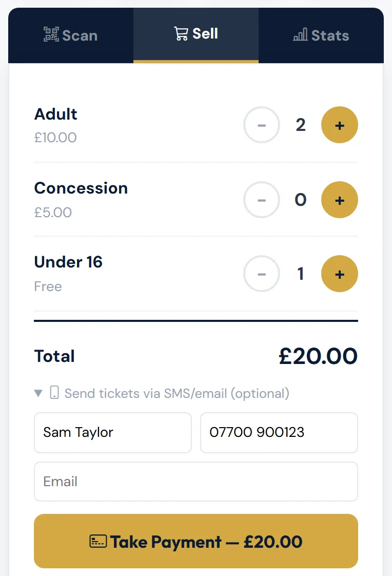 Choose tickets, then Take Payment.