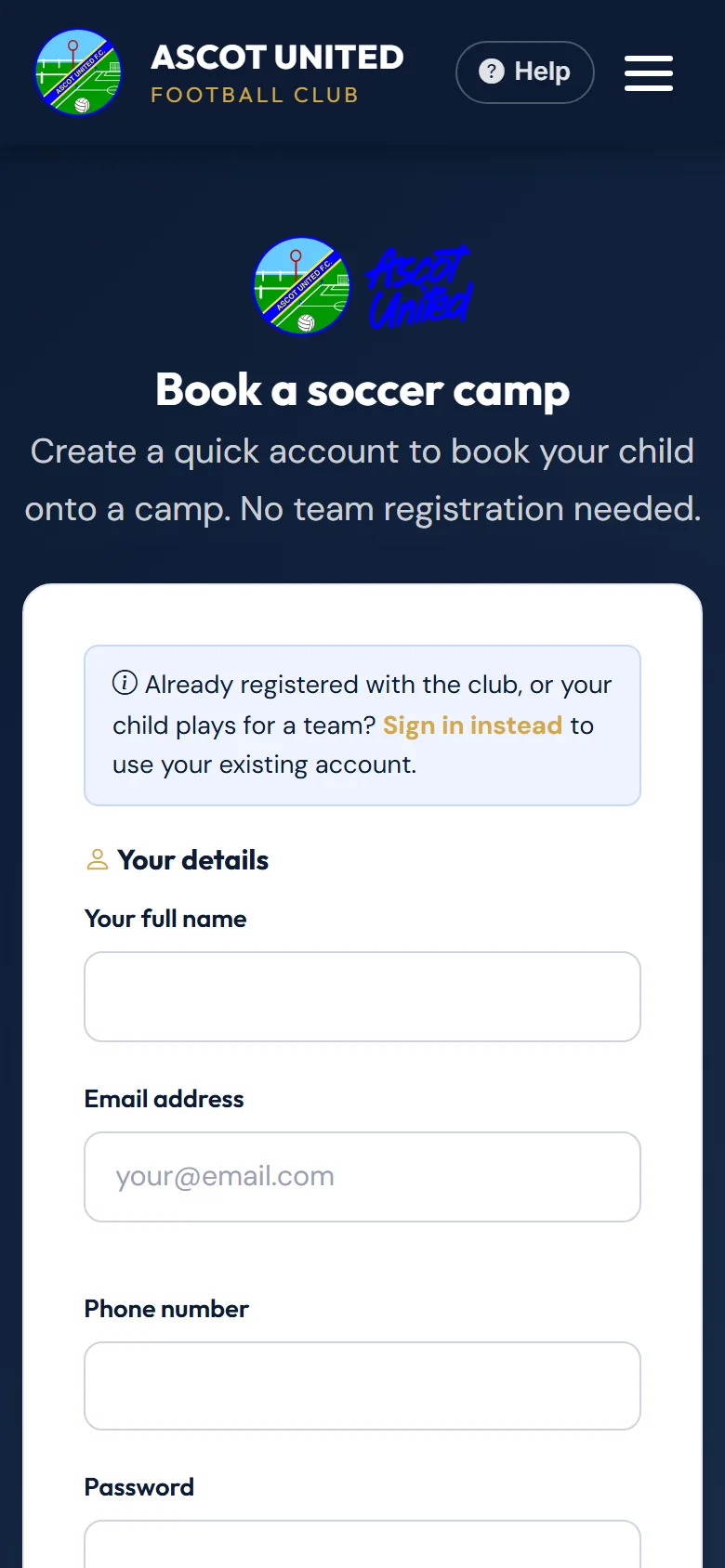 The quick camp account form.