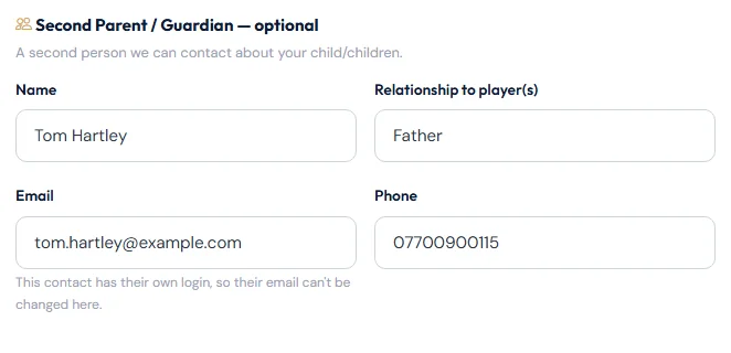 The Second Parent / Guardian section of Edit My Details.