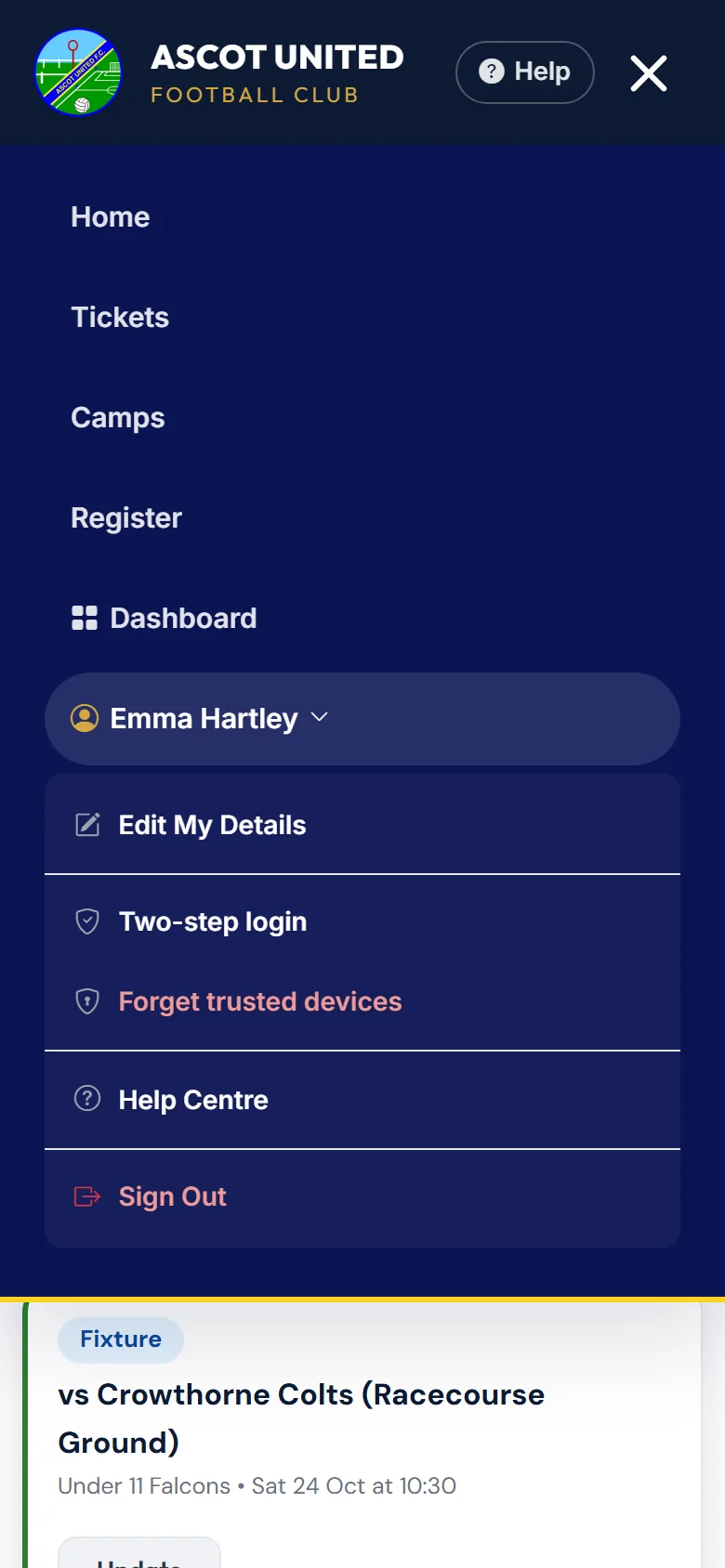 The account menu opens from your name.
