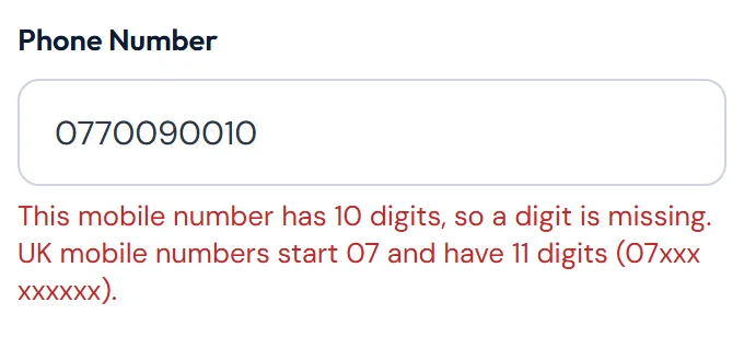 A mobile number with a digit missing.