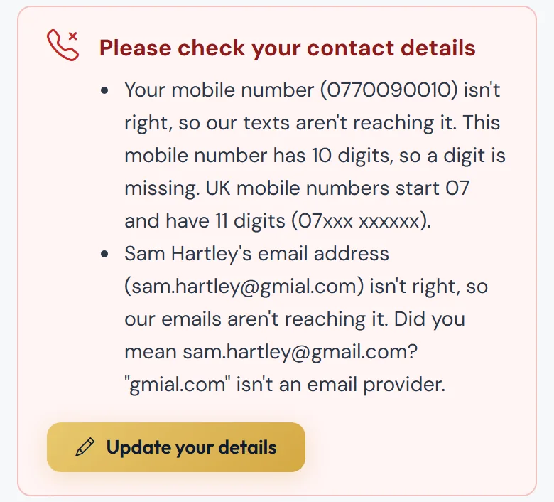 A mobile number with a digit missing, and a misspelt email for a second guardian.