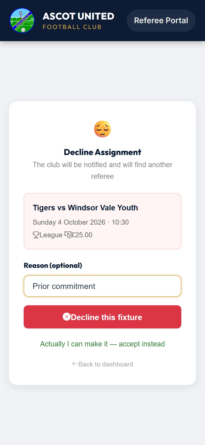 Declining, with an optional reason.