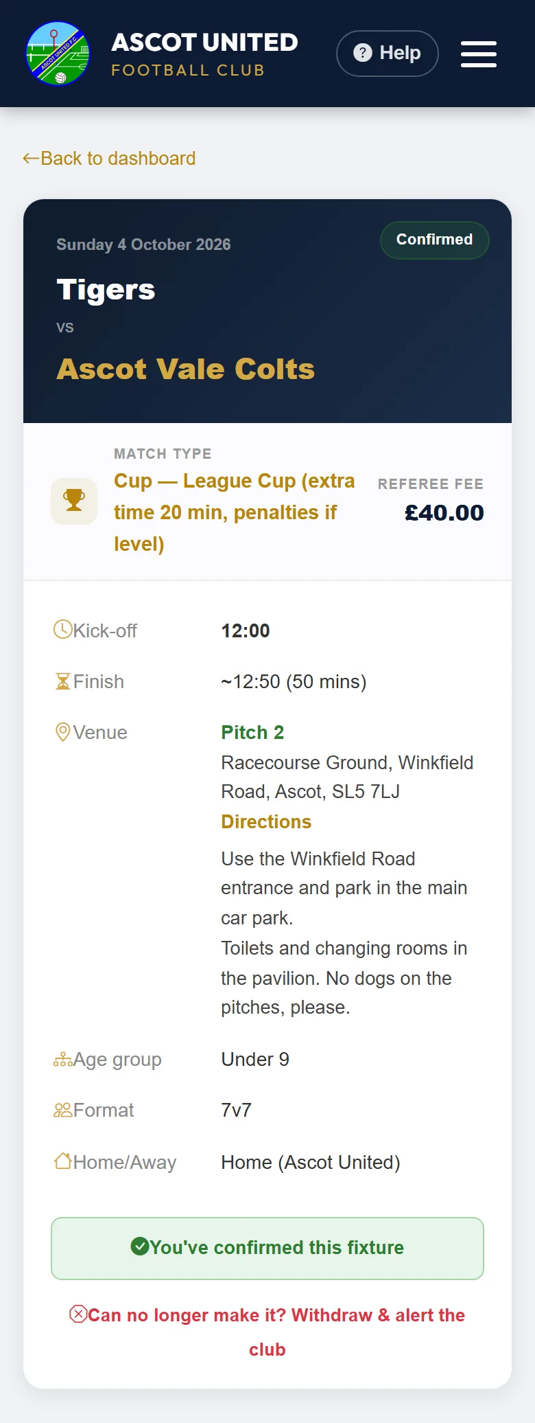 The match details, with the Withdraw link at the bottom.