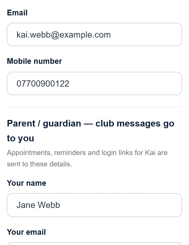 Your child's details. Club messages still go to you.