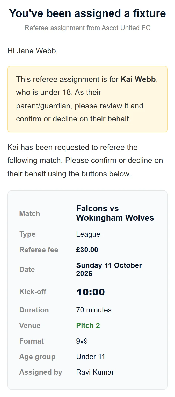 An appointment email to a parent.