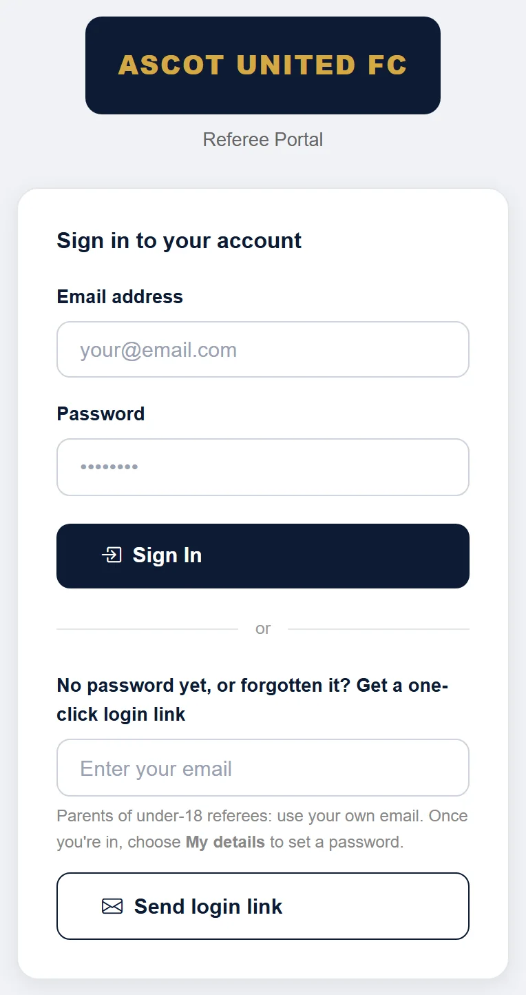 The referee portal sign-in page.