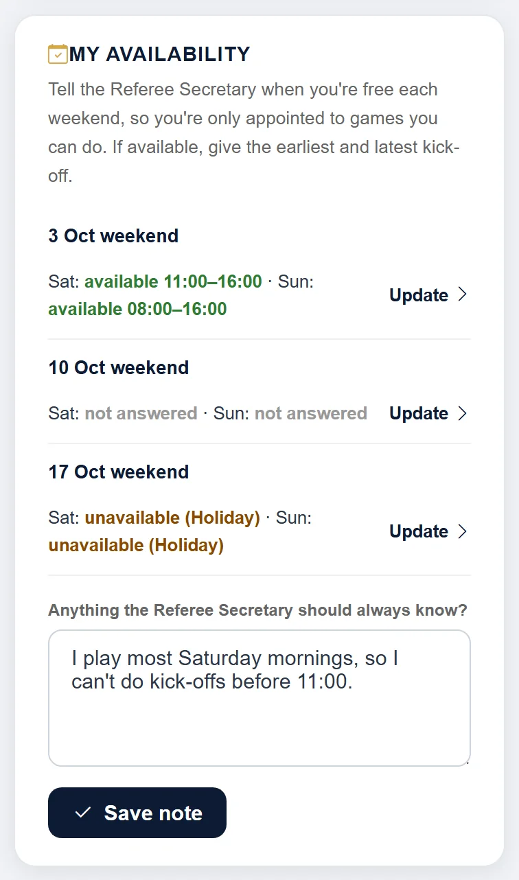 The next three weekends, and a note the Referee Secretary always sees.
