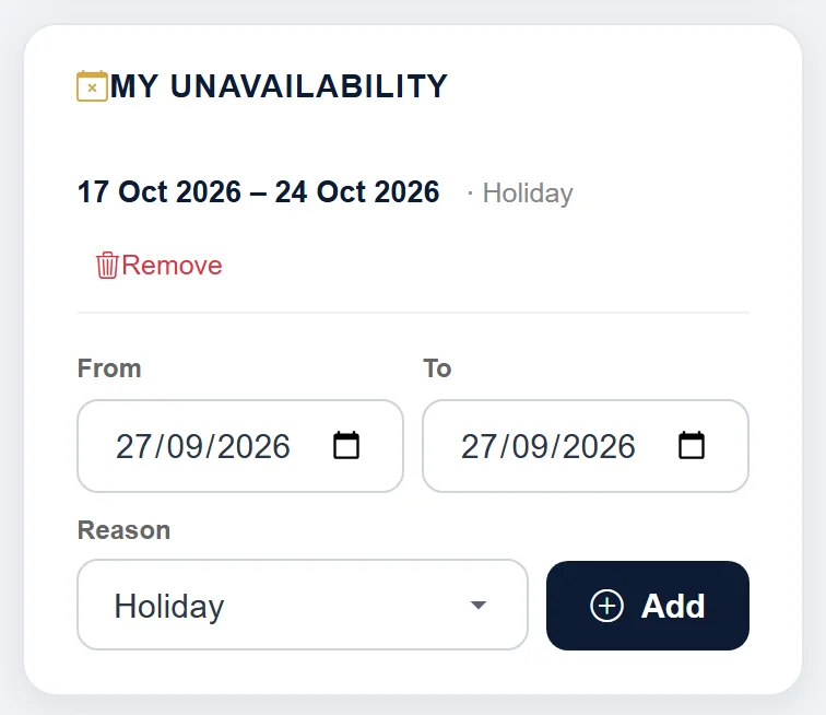 My Unavailability, with a holiday already added.