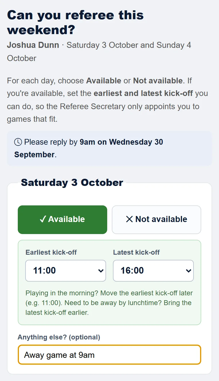 Available on Saturday for kick-offs from 11:00, after a morning game.