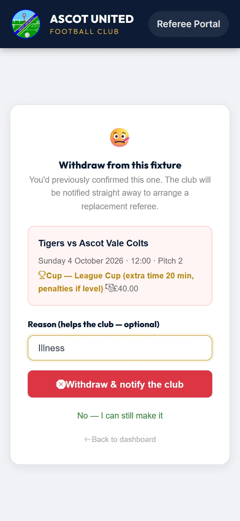 Withdrawing, with an optional reason.