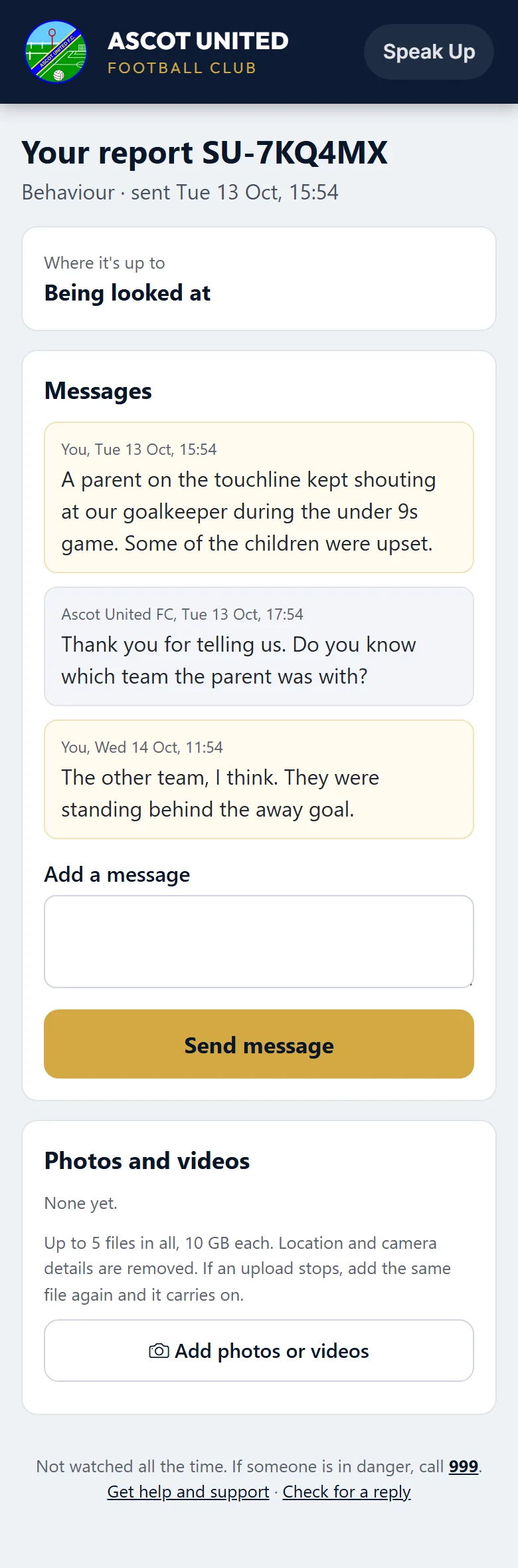 Your report: where it's up to, messages both ways, and photos.