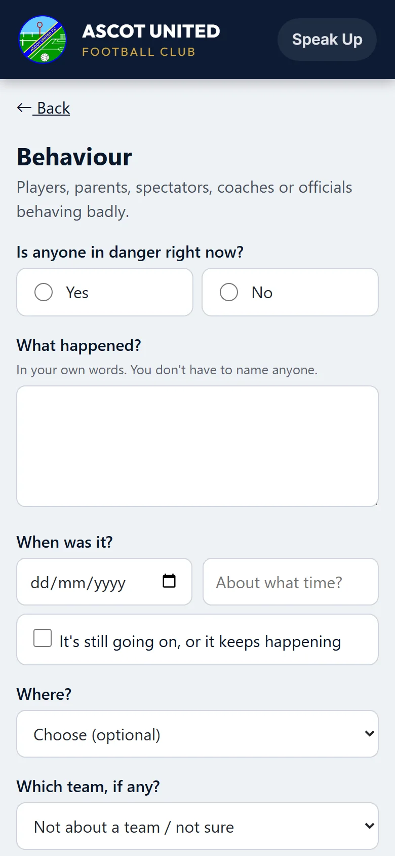 The form for a concern about behaviour.
