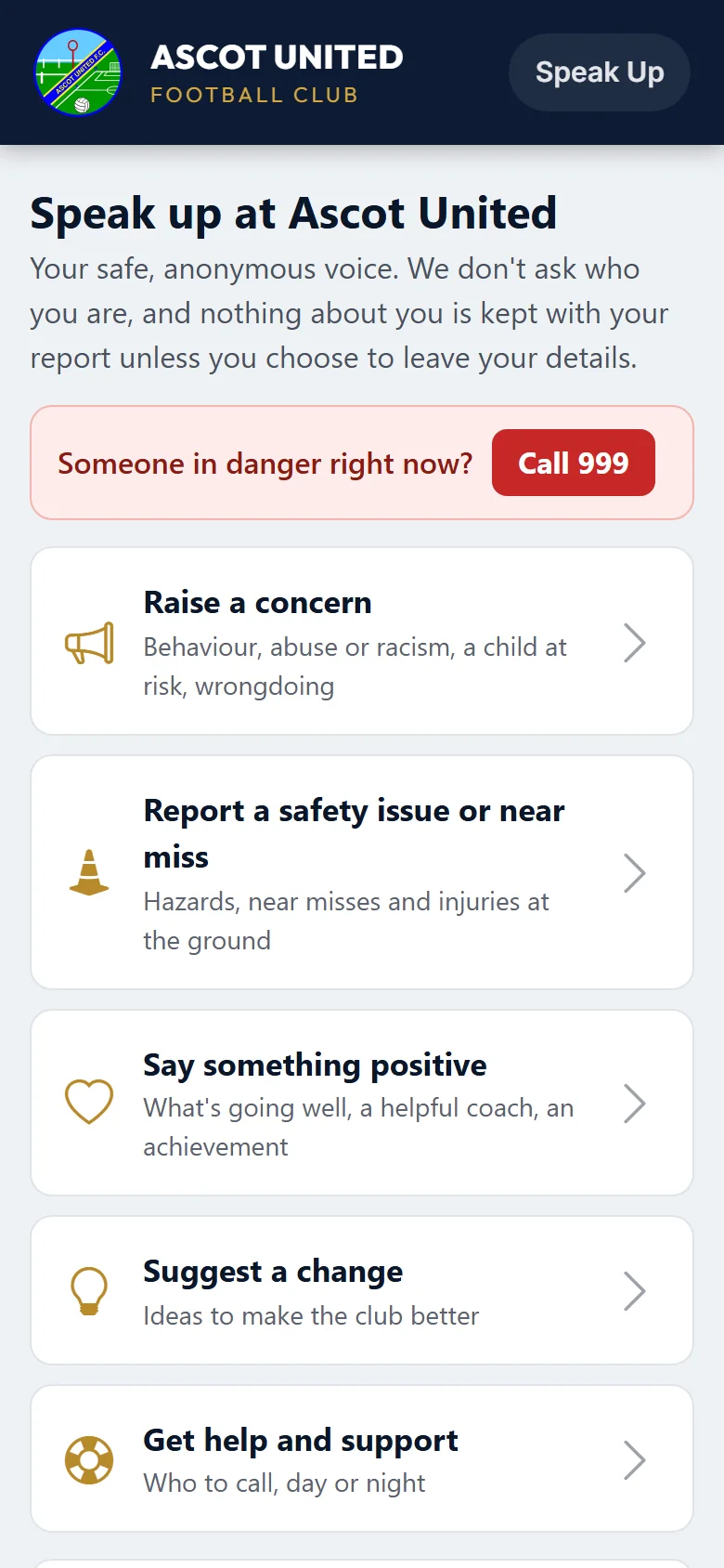 The Speak Up page, from the QR code at the ground.