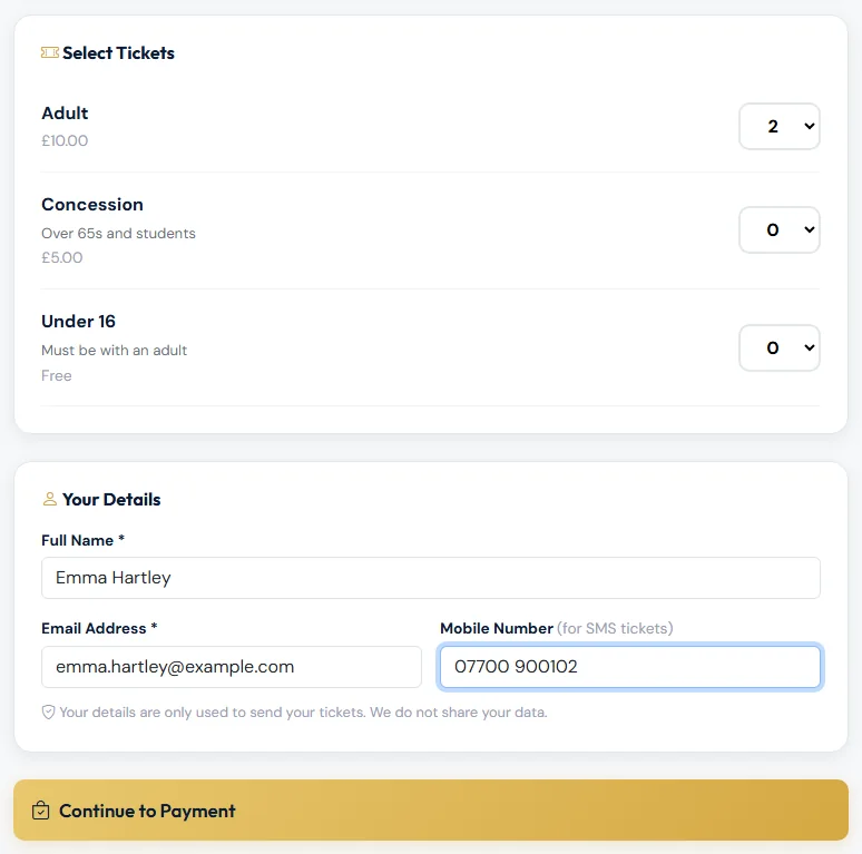 Choose your tickets and enter your details.