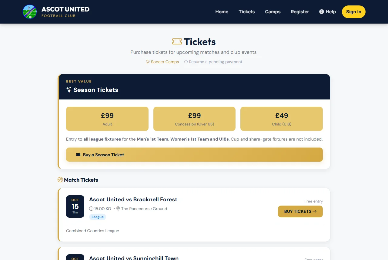 Upcoming matches on the Tickets page.