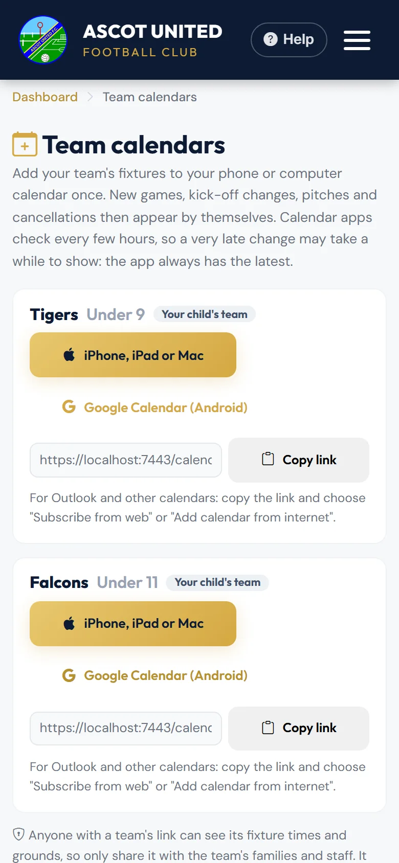 A parent's team calendars. Each team has its own link.
