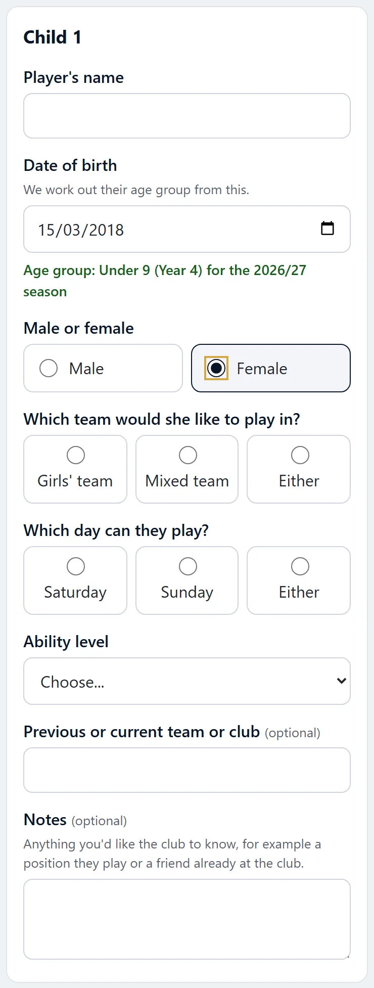 A child's details, with the age group shown under the date of birth.