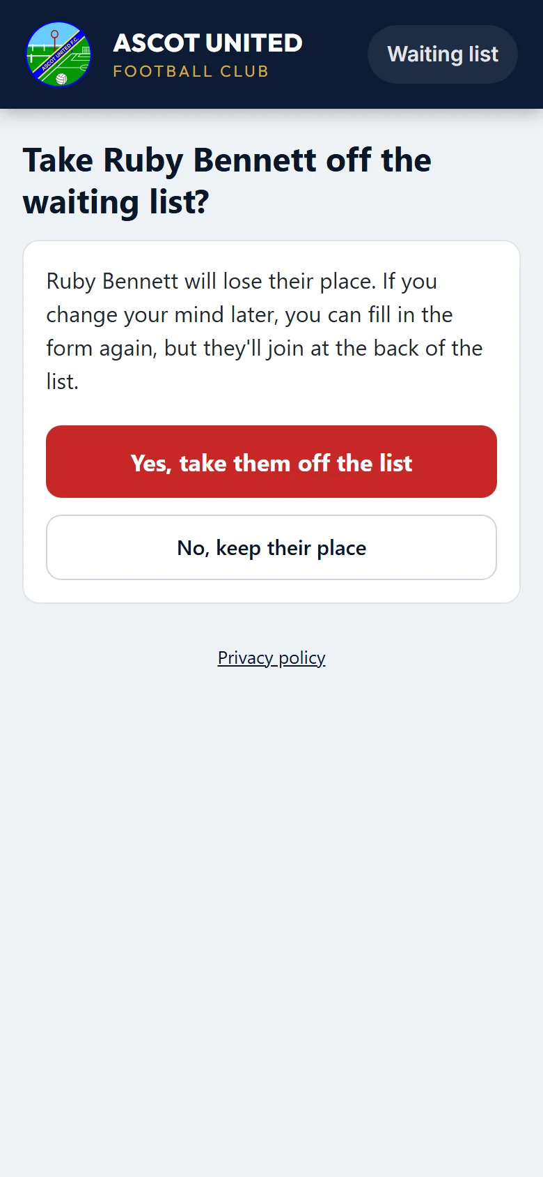 Confirming you want to take a child off the list.